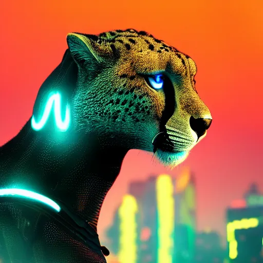 Prompt: profile shot of a neon cybernetic cheetah, city lights, strong bokeh, dramatic, cinematic, high contrast, artstation, octane render, 4k