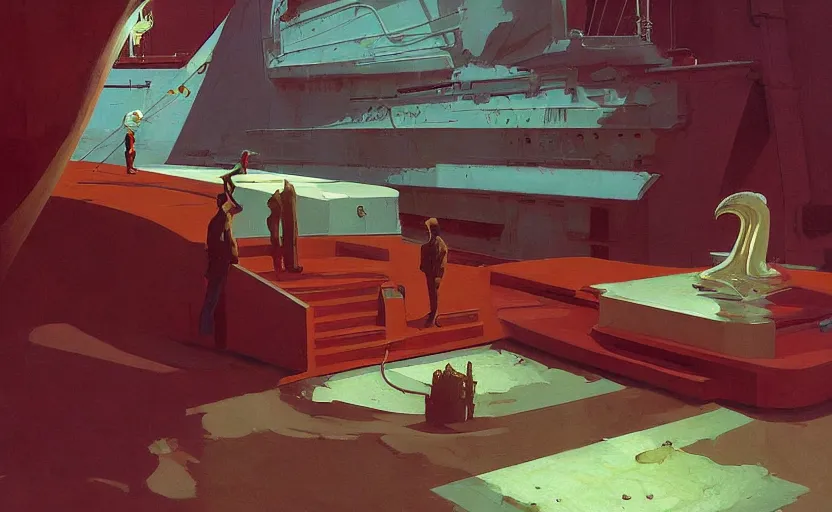 Prompt: Mysteriuos Old ship board, very coherent, painted by Edward Hopper, Wayne Barlowe, painted by James Gilleard, airbrush, art by JamesJean