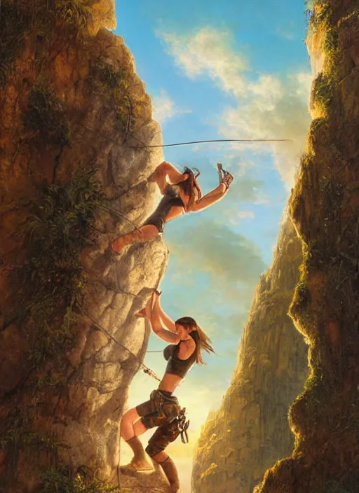 Image similar to Lara Croft climbing a rock, golden hour, Lilia Alvarado, Sophie Anderson, Mark Arian, Bob Byerley, Charlie Bowater, Mark Brooks, Steve Henderson, Justin Gerard, Arthur Hughes, Edward Robert Hughes, Mark Keathley, Victor Nizovtsev, Carlos Shwabe, Ross Tran, WLOP