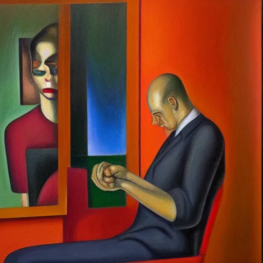 Image similar to visage, portrait, angst, pj crook, edward hopper, oil on canvas