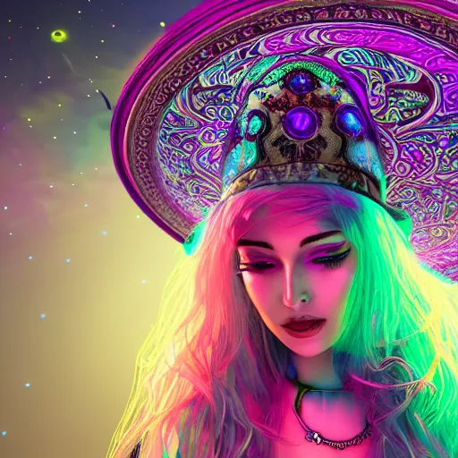 Prompt: psychadelic moon witch with a hat, hyper detailed, flowing psychadelic background intricate and detailed, 8 k, octane render