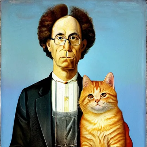 Image similar to fat orange tabby cat, man with afro curly hair in american gothic by grant wood