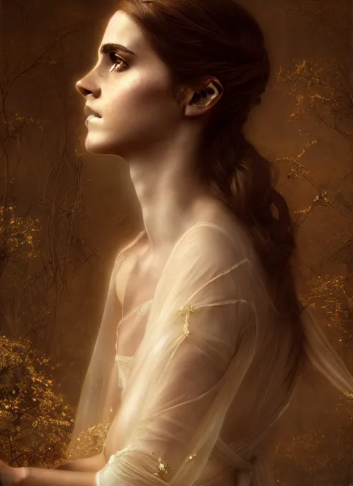 Image similar to portrait photograph of emma watson wearing translucent clothes, studio light, photoreal, by Jaime Jones,Tom Bagshaw,Lawrence Alma-Tadema,greg rutkowski,deviantart contest winner, fantasy art, daz3d,intricate,elegant,highly detailed,8k,digital painting,concept art, sharp focus, illustration,golden ratio