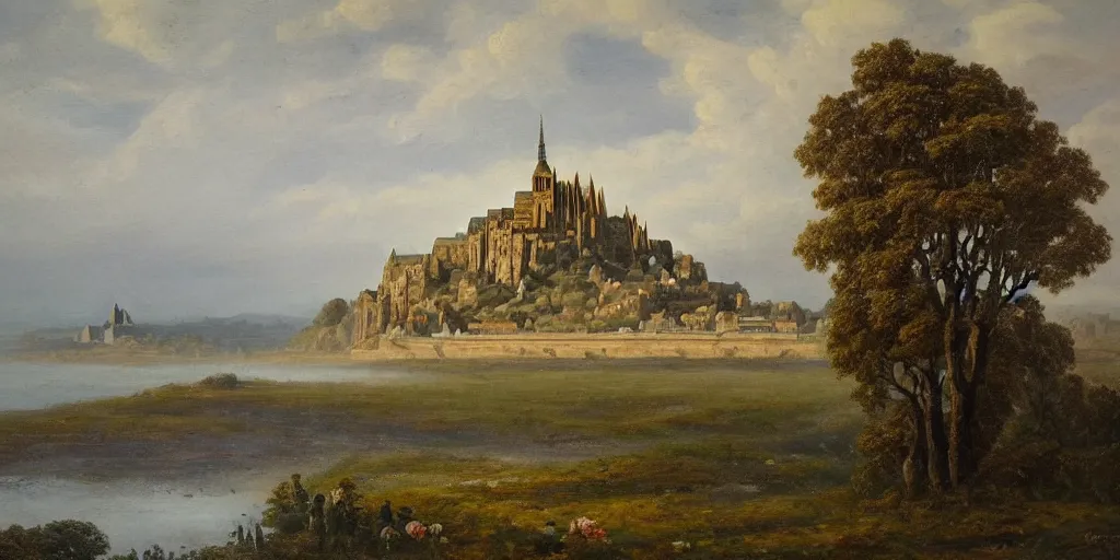 Image similar to masterpiece oil painting portraying mont saint michel in the style of romanticism landscape painters with a tree on the foreground,beautiful,misty,evocative