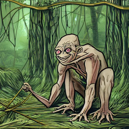 Image similar to Gollum makes twine in rainy forest