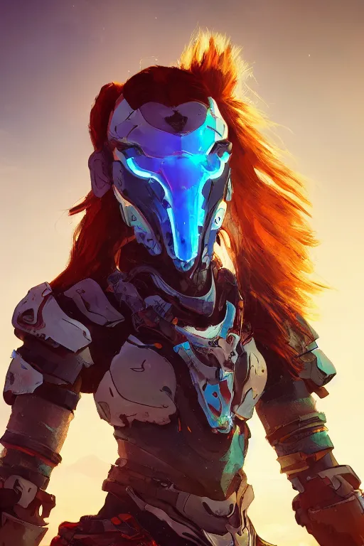 Image similar to combination suit armor aloy horizon forbidden west horizon zero dawn radiating a glowing aura global illumination ray tracing hdr fanart arstation by ian pesty and alena aenami artworks in 4 k tribal robot ninja mask helmet backpack