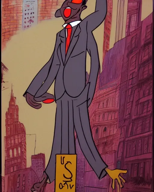 Image similar to smug male antagonist in suit, uptown city street, artwork by ralph bakshi