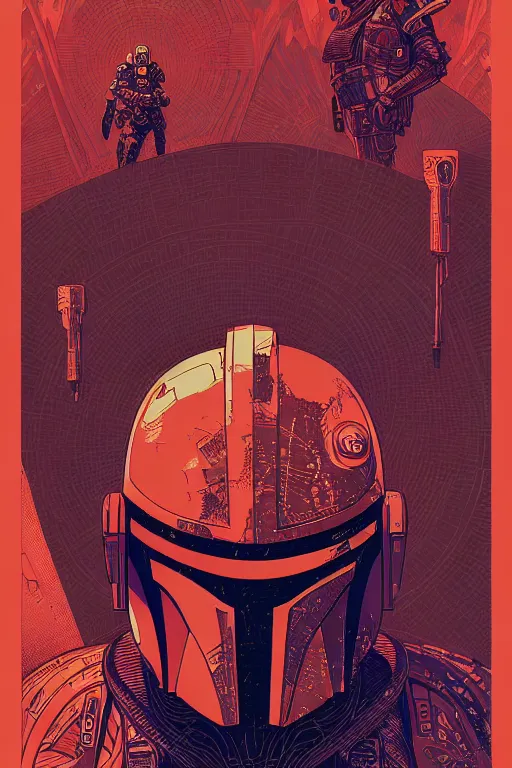 Image similar to closeup potrait of the mandalorian, intricate, volumetric lighting, moebius, geof darrow, frank miller, dan mumford, detailed illustration, digital art, victo ngai, kilian eng, vector art