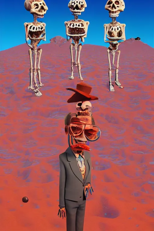 Image similar to Barry Chuckle, emperor of gravy skeletons. Neo-Andean architecture by Freddy Mamani. Painting by René Magritte, 3D rendering by Beeple, sketch by R. Crumb