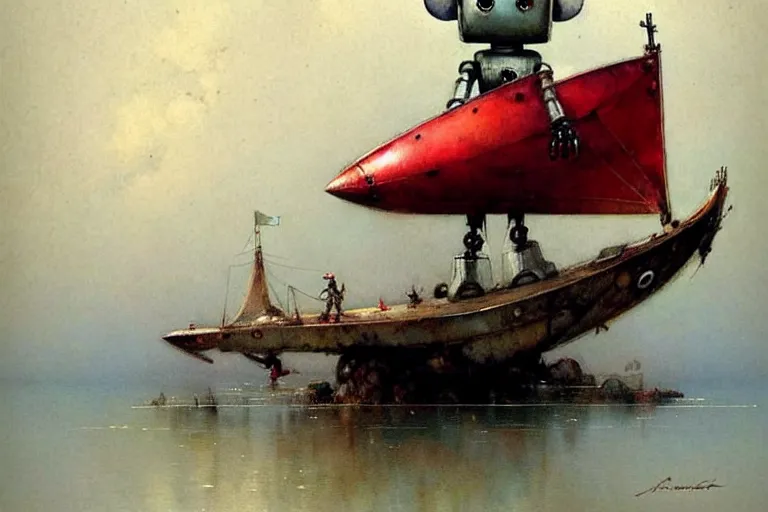 Image similar to adventurer ( ( ( ( ( 1 9 5 0 s retro future robot mouse sailboat house robot. muted colors. ) ) ) ) ) by jean baptiste monge!!!!!!!!!!!!!!!!!!!!!!!!! chrome red