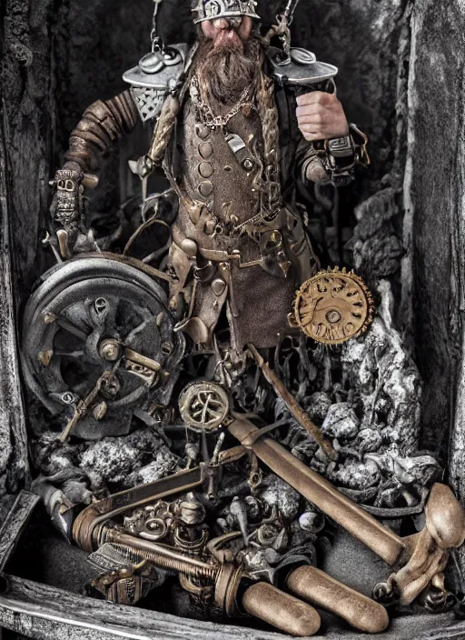 Prompt: 8 5 mm f 1. 8 photograph of a claymation steampunk brutal viking, highly detailed diorama, by erwin olaf and anton corbijn, smooth, sharp foccus, commercial photography, fashion shoot