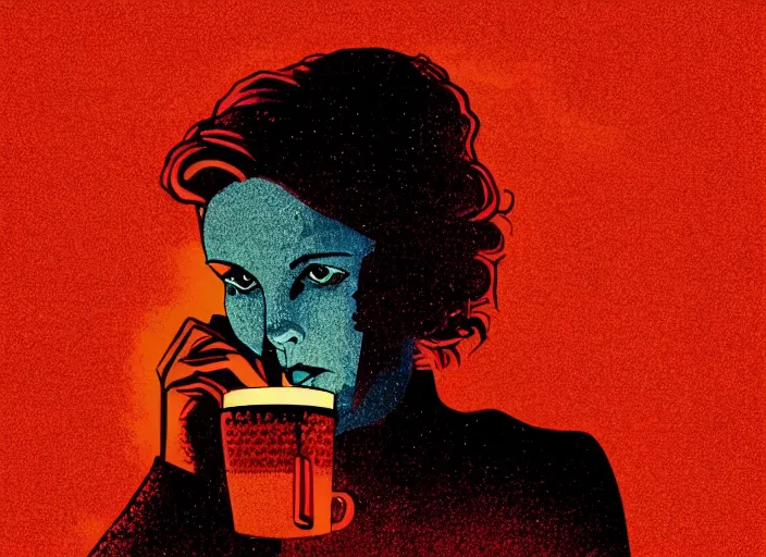 Image similar to portrait of a heroine drinking coffee, (((colorful))),vivid, Mads Berg, Karolis Strautniekas,small finely stippled light, dramatic lighting,film grain, editorial illustration, detailed, gradation, matte print, dynamic composition,moody, cinematic,extreme perspective