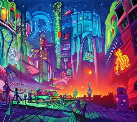 Image similar to surreal colorful nightmarish cityscape, 4k artwork by Ralph Bakshi