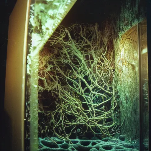 Prompt: colored photograph taken on fujifilm superia film, 3 5 mm, spooky creepy liminal space, display case, aquatic exhibition science museum, driedup rotting aquarium with decayed submerged spine, bright computer screens with colorful displays, backroom stairs leading down under water, displacement