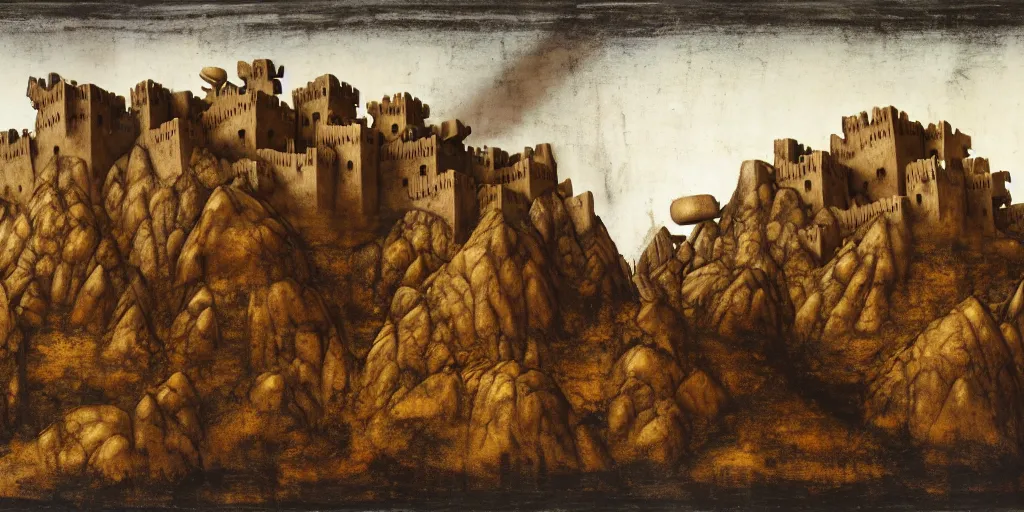 Image similar to matte oil painting of a dwarven fortress at the edge of a mountain range, by leonardo da vinci, mountainhomes, hillocks, smelters, forges, mounds, dwarven citizens, capital site, chiseled architecture, ornate, extremely detailed, sharp focus