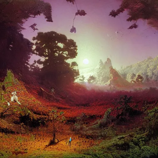 Image similar to A lovely picture of an alien landscape with mycelium aliens by John Berkey, by George Inness, by john Harris, forest made out of mushroom, purple and red and white gradient colour theme, trending on DeviantArt, rendered in blender, 8k resolution, Mountains