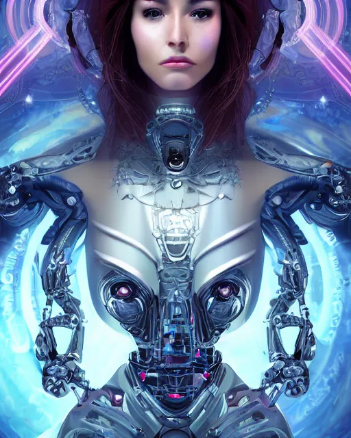 Prompt: centered detailed portrait of a cybernetic princess with occult magic symbols and arcane schemas, realistic character concept, beautiful sci-fi women, identical eyes, gazing eyes, beautiful eyes medium shot, elegant pose, fantasy, illustration, slender symmetrical face and body, artstation, cinematic lighting, hyperdetailed, cgsociety, 8k, high resolution, Dan Mumford, Sam Yang Audrey Kawasaki, single face, insanely detailed and intricate, octane render, golden ratio, dark fractal background, vfx, postprocessing, freckles, alluring