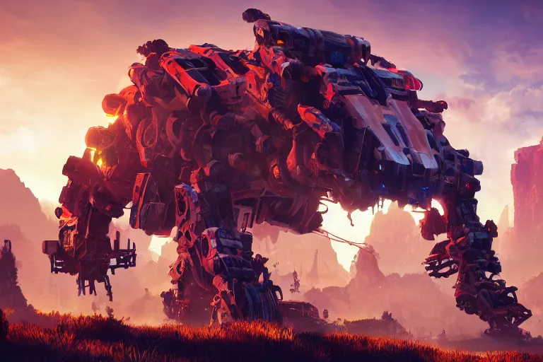 Image similar to behemoth machine mecanical creature robot of horizon forbidden west horizon zero dawn radiating a glowing aura global illumination ray tracing hdr fanart arstation by ian pesty and alena aenami artworks in 4 k