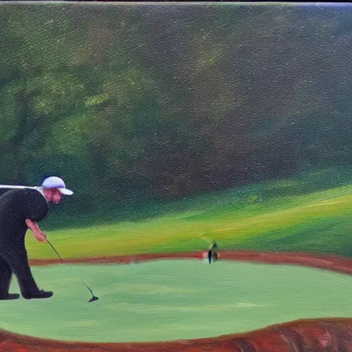 Image similar to oil painting of a bipedal walrus playing golf,