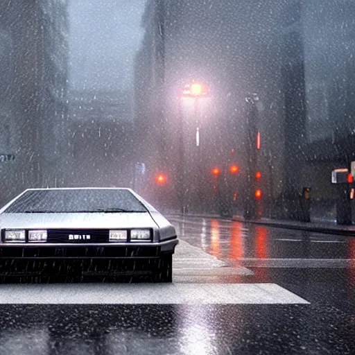 Image similar to hyperdetailed, photorealistic photograph of a dmc 1 2 delorean driving in the streets, rain, night, dense fog, hd, unreal engine 5