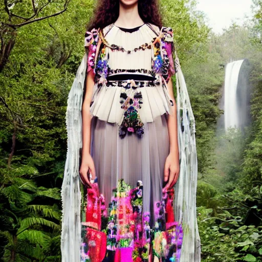 Image similar to hungarian cybernetic folk costume made by valentino resort ss 2 0 1 6, sheer layered floral dress, chain jewelry, coin veil, cute young model standing near a mystical mountain forest waterfalls, hologram flowers