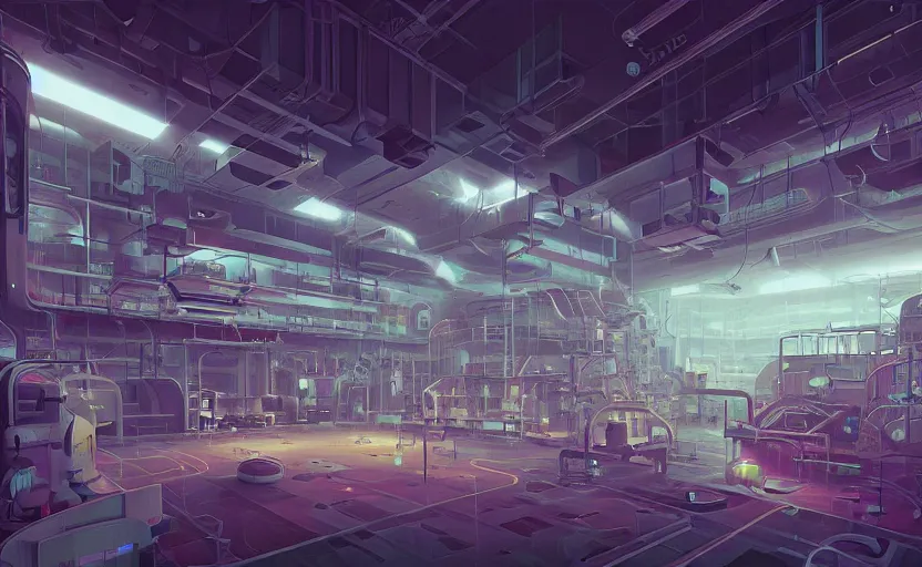 Image similar to Interior shot of a futuristic factory by Petros Afshar and Beeple, James Gilleard, Mark Ryden, Wolfgang Lettl highly detailed