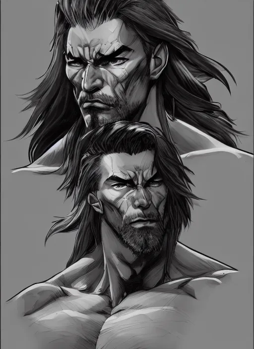 Image similar to Half body portrait of mature muscular man with long silver hair, half man half wolf. In style of Yoji Shinkawa and Hyung-tae Kim, trending on ArtStation, dark fantasy, great composition, concept art, highly detailed, dynamic pose.