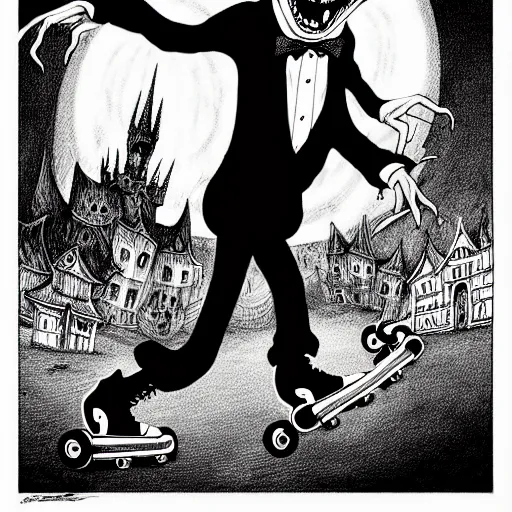 Prompt: black and white trippy comic art of full body depiction of dracula the vampire roller skating on roller skates, drawn by martin rowson, tim burton, alex pardee, nekro petros afshar, james mcdermott, frank moth, cgsociety, awesome, stunning, 4 k