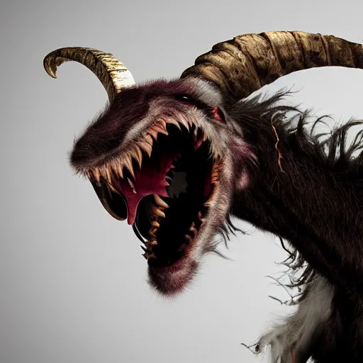 Prompt: screeching mutant goat monster with bug sharp teeth and filthy white matted fur