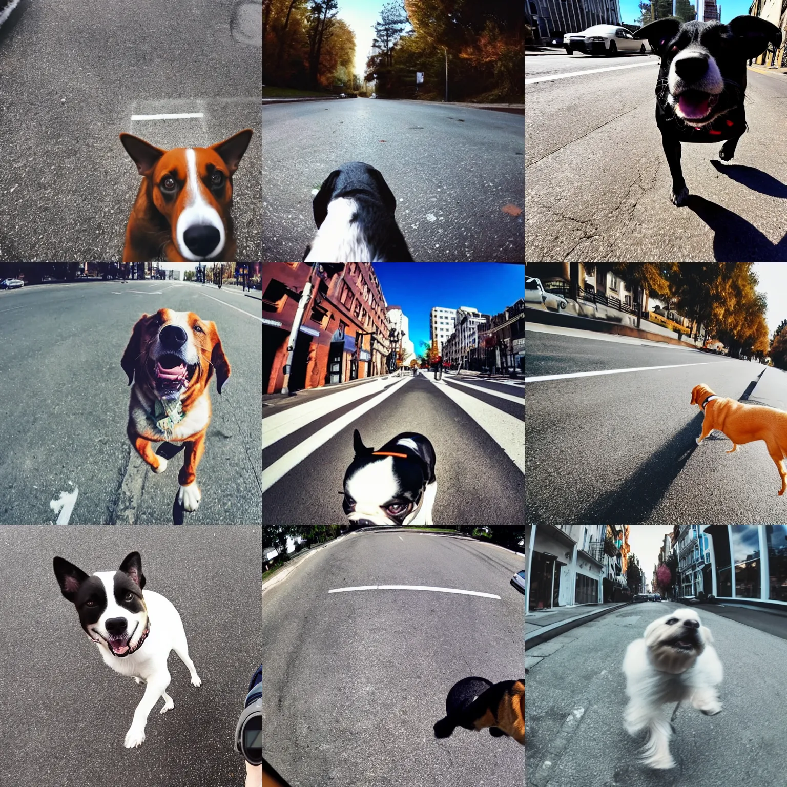 Prompt: gopro pov of a dog walking on the street