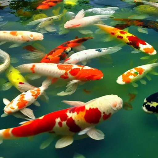 Prompt: view of a koi pond from underwater, sharp focus, sunlight, natural lighting, hd, 8k, enhanced