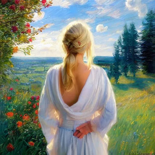 Prompt: blonde female jedi knight watching over the swedish countryside, archipelago, masterpiece, highly detailed, beautiful, atmospheric, impressionism, painting by Vladimir Volegov