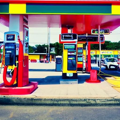 Prompt: blurry vibrant dream like photo of a gas station in broad daylight taken using dream recording device