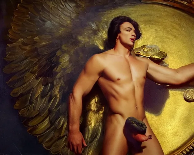 Image similar to attractive oiled up glossy man posing in front of a huge golden bitcoin, angelic light, commercial by annie liebovitz, tom finland gaston bussiere, j. c. leyendecker