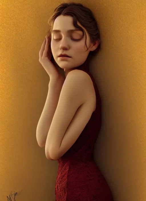 Image similar to young woman beautiful face : : sleeping lace dress : : night home bed : : weta disney pixar movie still photo : : decadent highly - detailed digital painting, full length shot, golden ratio, octane render, artstation, smooth, sharp focus, artgerm, mucha, loish, wlop, gogo