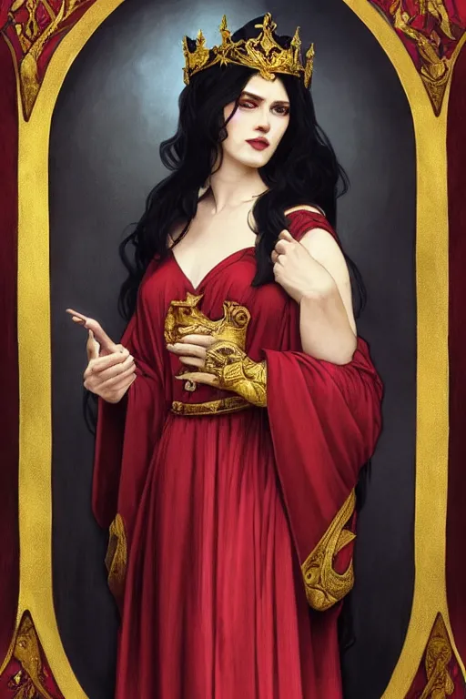 Image similar to Portrait of historically accurate, ancient biblical, sultry, sneering, evil, pagan, wicked, young queen jezebel, wearing gilded red robes, long black hair, intricate, elegant, highly detailed, digital painting, artstation, concept art, smooth, sharp focus, illustration, art by artgerm and greg rutkowski and alphonse mucha and andrei riabovitchev