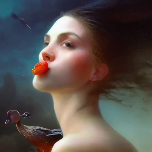 Prompt: epic portrait an woman licking a duck, wet flowing hair, sweaty skin, broad light, ambient occlusion, volumetric light effect, made by ivan aivazovsky, peter mohrbacher, greg rutkowski, hyperrealistic, hyperdetailed, matte painting, trending on artstation, 8 k, perfectly defined features, digital painting,