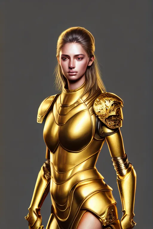 Prompt: professional digital art of a hyper realistic and highly detailed beautiful woman in a beautiful complex and sexy golden armor. girl's face is hyper realistic, symetric, and highly detailed. head and shoulders view. greg rutkowski, zabrocki, karlkka, jayison devadas, intricate, trending on artstation, 8 k, unreal engine 5