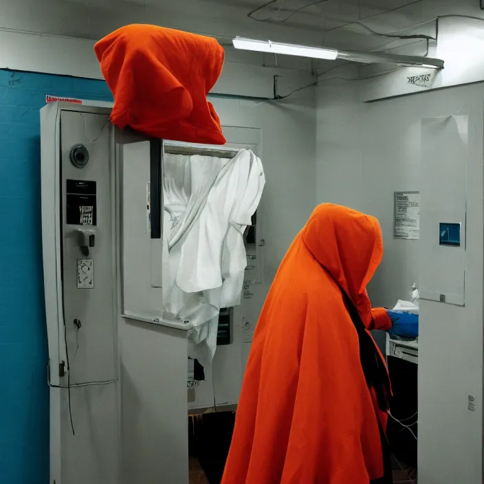 Prompt: a woman wearing a hood made of wire and plastic, in a laundry mat, color photograph, by paula rego, canon eos c 3 0 0, ƒ 1. 8, 3 5 mm, 8 k, medium - format print