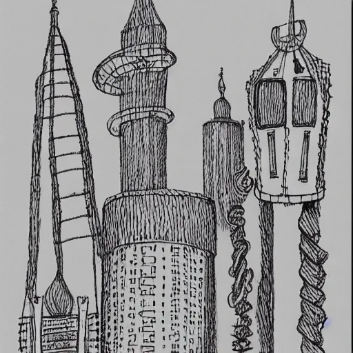 Prompt: ! dream buildings, drawing by dr seuss, with towers, bridges, stairs