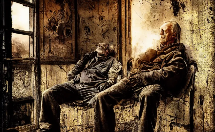 Image similar to ancient old man sleeping inside, mech, ww 3, resting, gritty, apocalyptic, poster