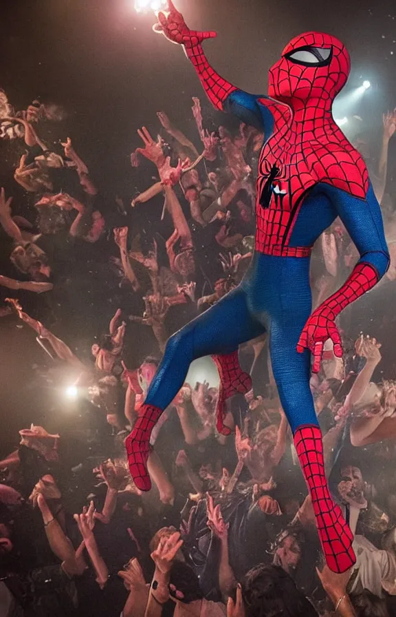 Prompt: Spider-man dancing with a lot of spiders in a disco club