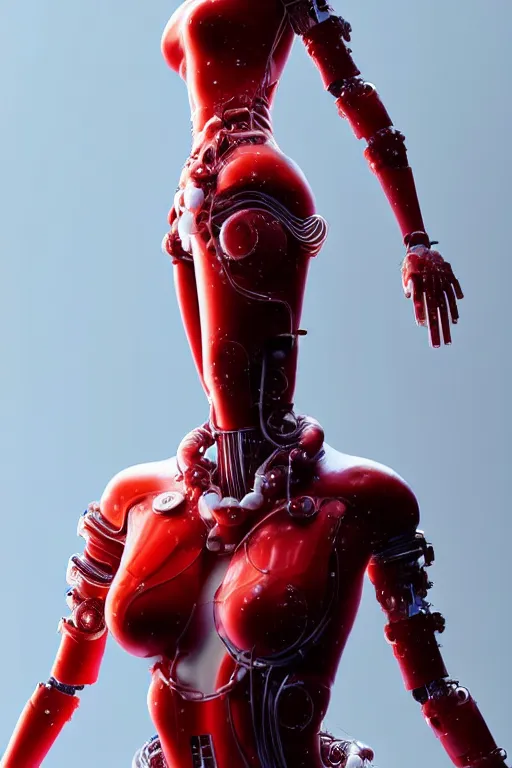 Image similar to a statue made of red marble, of an beautiful chinese girl, full body shot, perfect body, white biomechanical, inflateble shapes, wearing epic bionic cyborg implants, masterpiece, intricate, biopunk futuristic wardrobe, vogue, highly detailed, artstation, concept art, background galaxy, cyberpunk, octane render