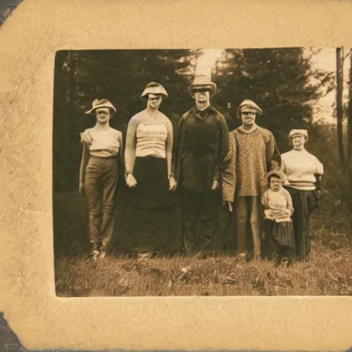 Prompt: A sepia-toned photograph of a family with completely blank faces standing next to a highway scenic overlooked, looking at the camera