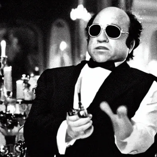 Prompt: film still of Danny DeVito as Tony Montana in Scarface