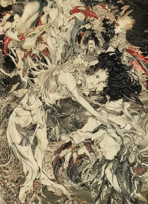 Image similar to battle between good and evil , battle between angels and demons, by and Austin Osman Spare and Takato Yamamoto and Yoshitaka Amano, high resolution, ultra detailed