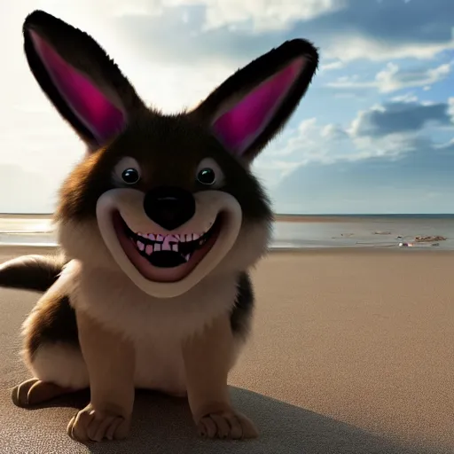 Prompt: a photorealistic adorable fierce furry monster with long floppy rabbit ears chubby body and wolf legs with stubby claws, Smiling at the camera with a mischievous grin, happy lighting, at a tropical beach