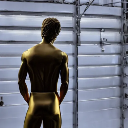 Prompt: a realistic detailed photo of a guy who is an attractive humanoid who is half robot and half humanoid, who is a male android, soccer players martin ødegaard, shiny skin, posing like a statue, blank stare, in a factory, on display, showing off his muscles, gold soccer shorts, back view