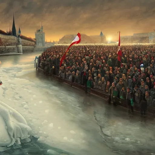 Image similar to an extremely realistic painting depicting the coronation of viktor orban on the frozen danube, detailed, intricate, elegant, fat, highly detailed, digital painting, artstation, concept art, smooth, sharp focus, illustration,