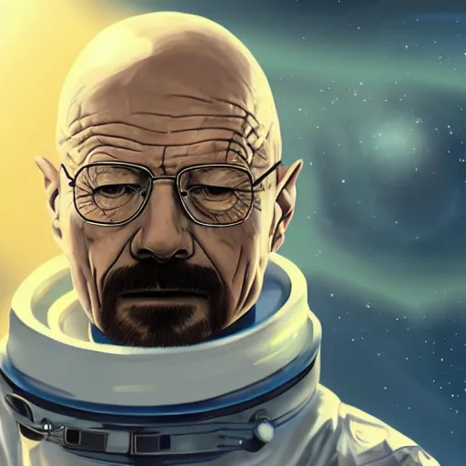 Prompt: Walter white from breaking bad, wearing an astronaut suit in space, dynamic lighting, photorealistic concept art, stunning visuals, creative, cinematic, ultra detailed, trending on art station, detailed